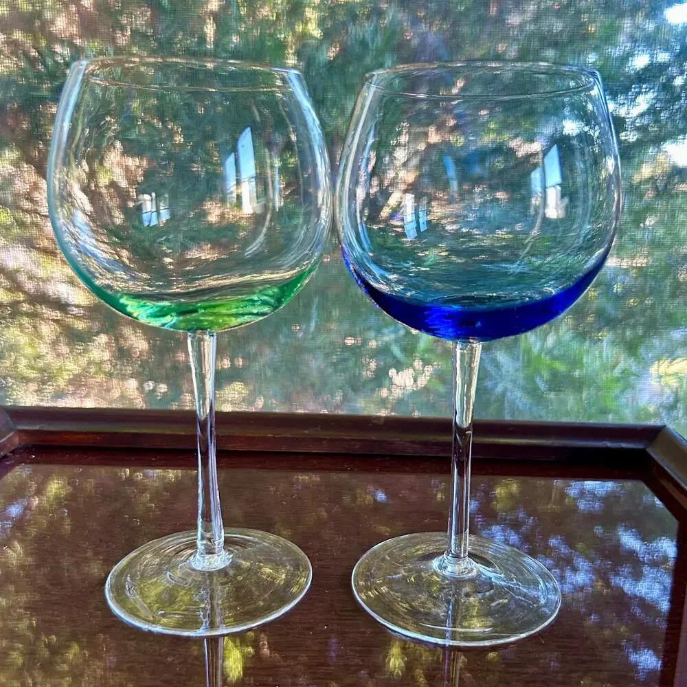 Vintage Color Base Balloon Wine Glasses Green Blue Stemware Pair